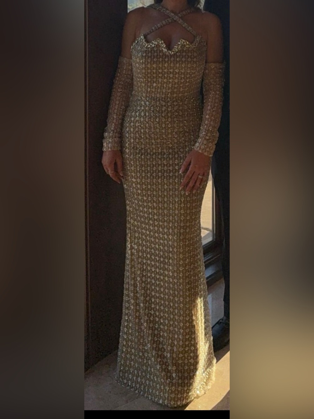 Embellished Long Sleeve Sequin Gown in Champagne